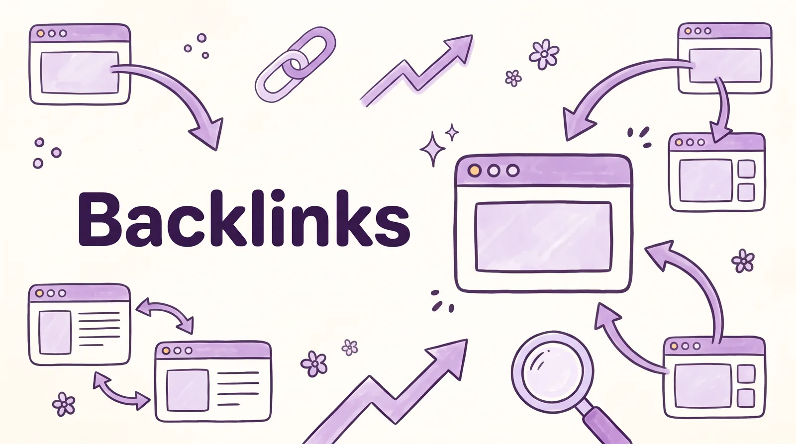 Hand-drawn browser windows sending arrows to one central page, next to the word Backlinks
