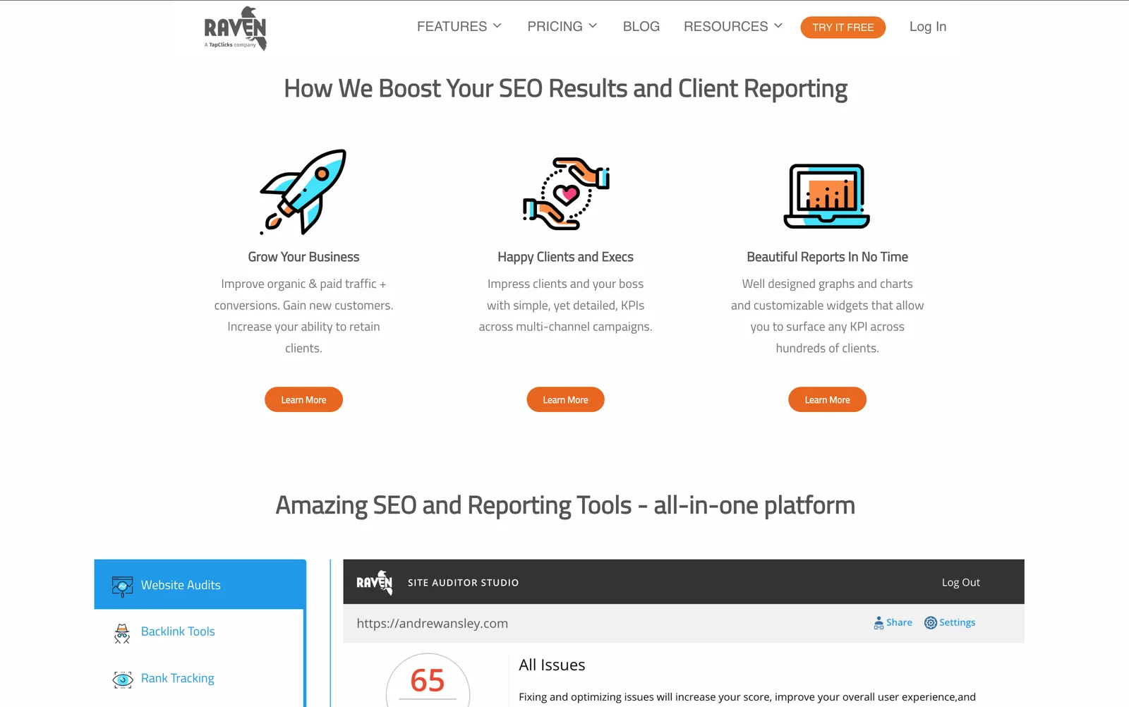 Raven Tools homepage: "How we boost your SEO results and client reporting", with website audits, backlink tools and rank tracking in one platform.
