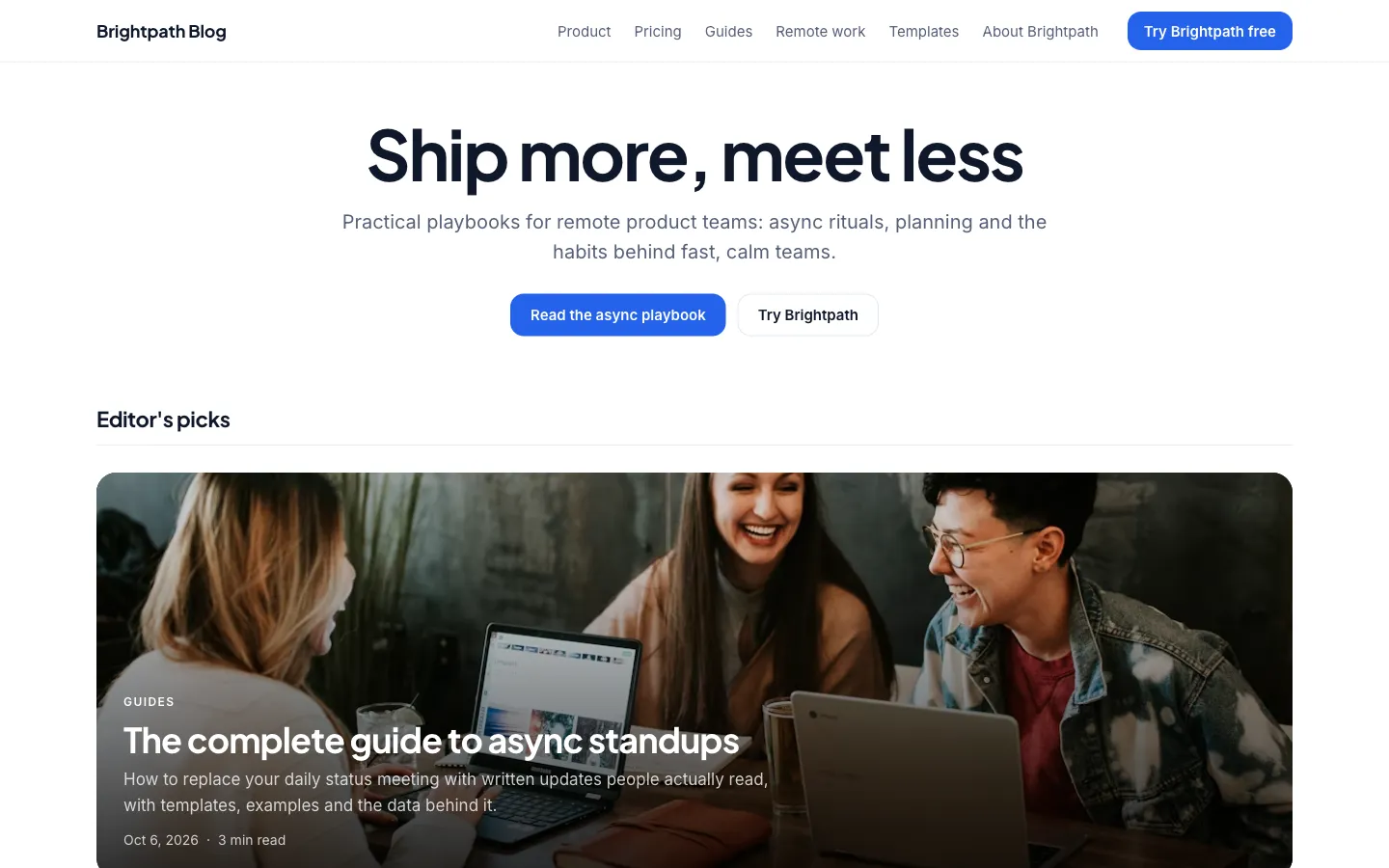 Homepage of an example business blog built on a free Outrank Blogs template