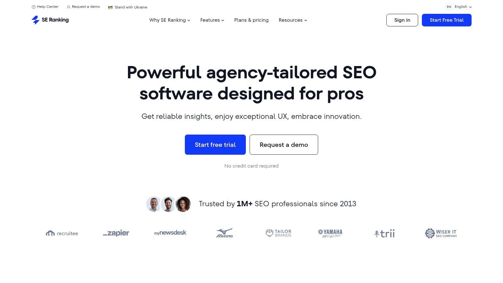 SE Ranking's homepage: "Powerful agency-tailored SEO software designed for pros", with free trial and demo buttons.
