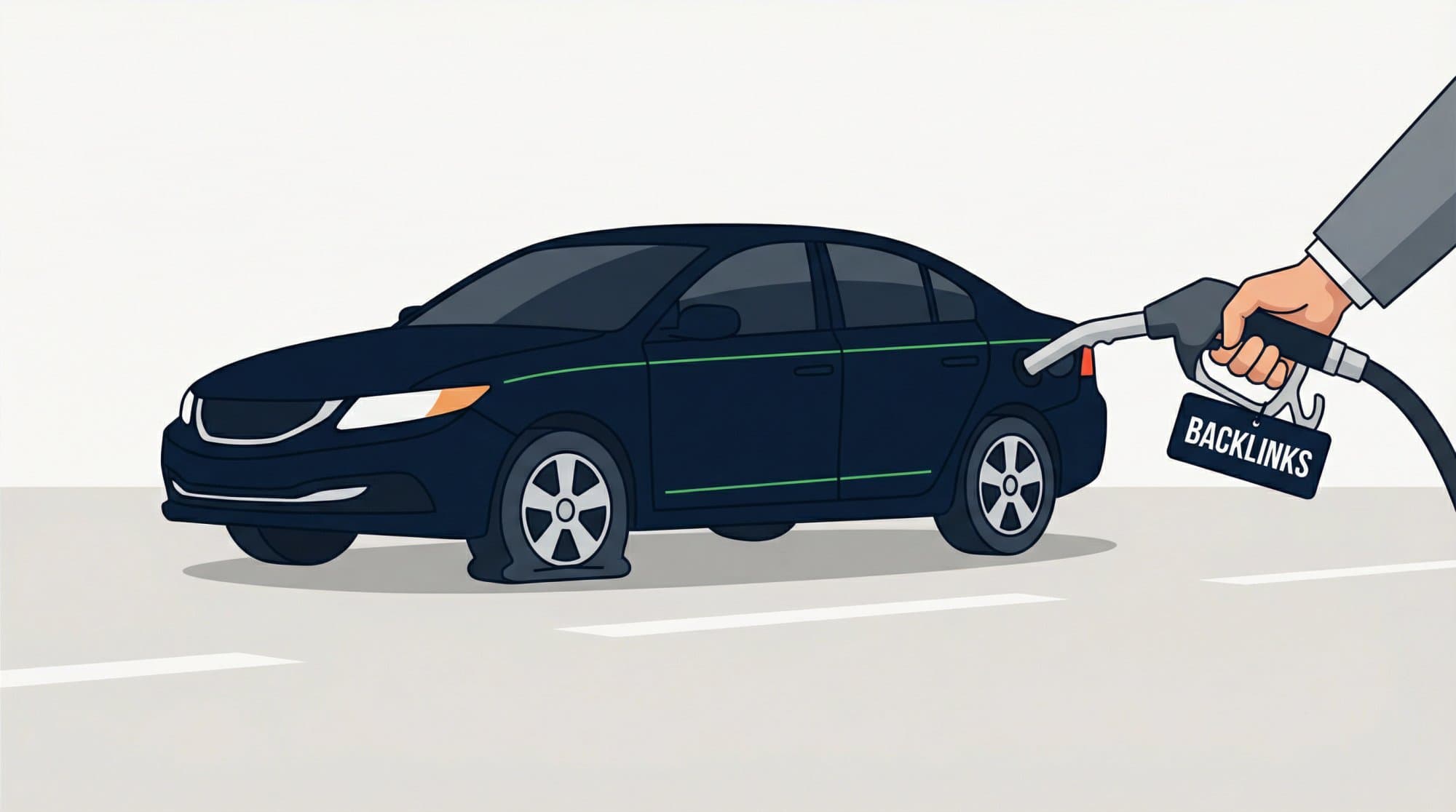 Editorial illustration of a car with a flat tire while a hand inserts a fuel nozzle labeled backlinks, showing wasted SEO budget