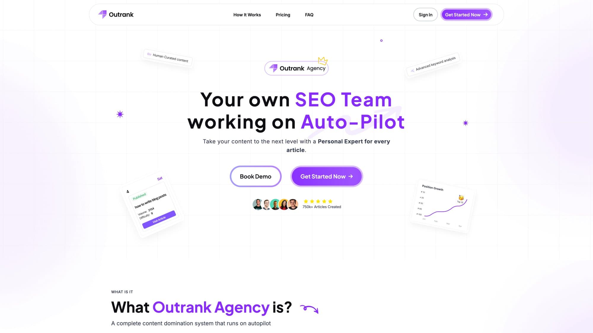 Outrank Agency landing page showing "Your own SEO Team working on Auto-Pilot" with expert-curated content service features